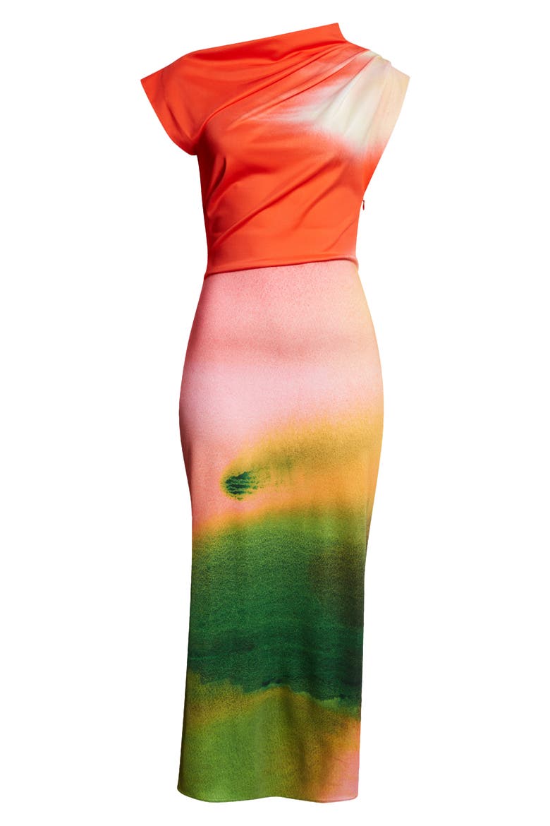 Abstract Watercolor One Shoulder Jersey Midi Dress, Alternate, color, VERMILLION MULT