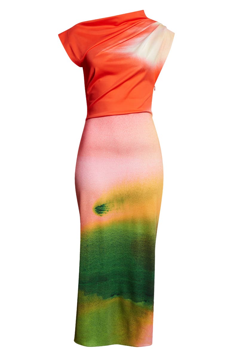 Oscar de la Renta Abstract Watercolor One Shoulder Jersey Midi Dress, Main, color, 