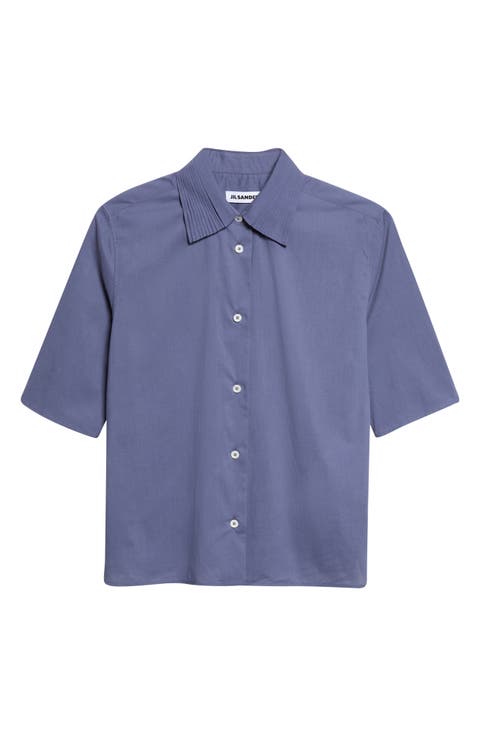 Pleated Collar Short Sleeve Cotton Button-Up Shirt