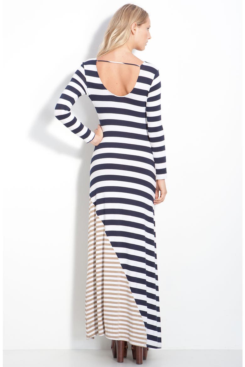 Asymmetrical Accent Stripe Maxi Dress, Alternate, color, NAVY/ CAMEL