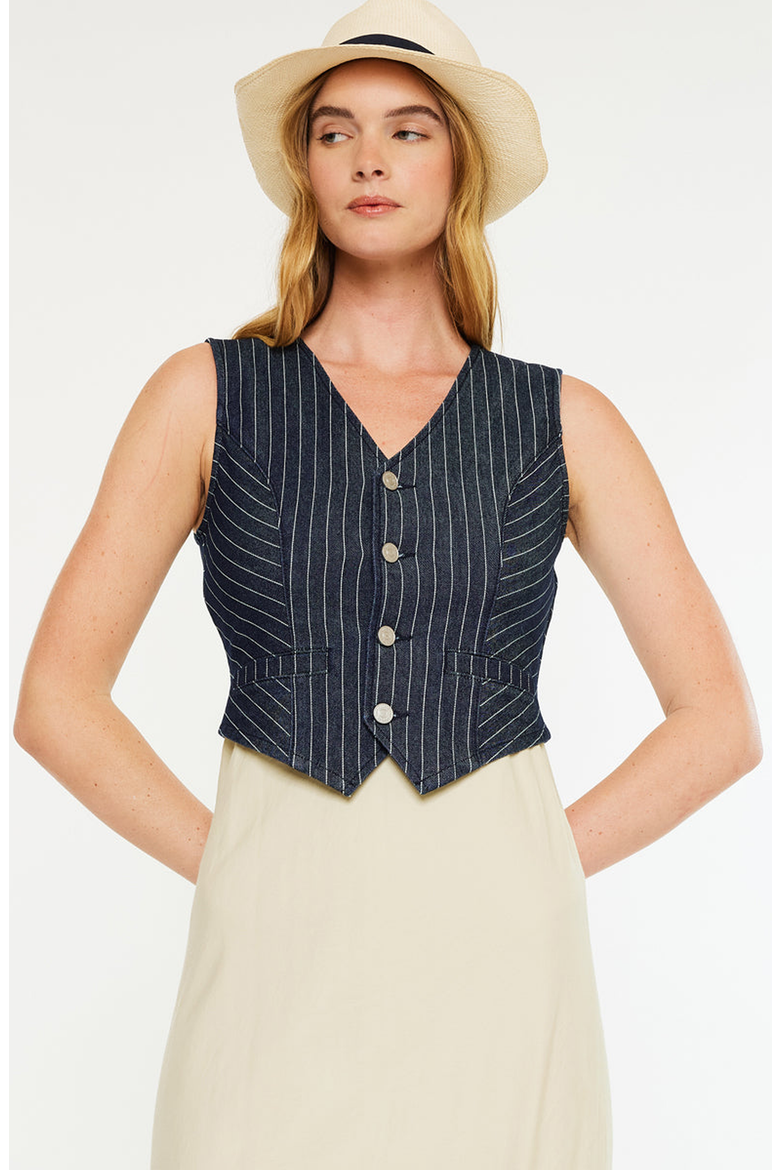Shelley Stripe Tailored Vest, Alternate, color, Dark Wash