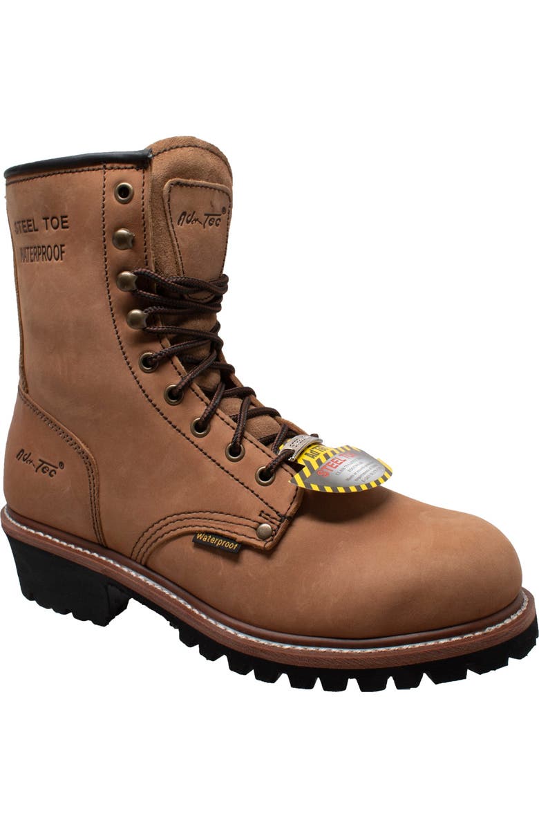 AdTec 9" Waterproof Steel Toe Logger Boots, Main, color, Brown