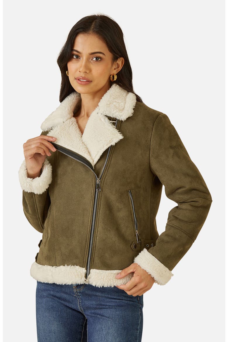 Faux Suede Shearling Biker Jacket, Alternate, color, Green