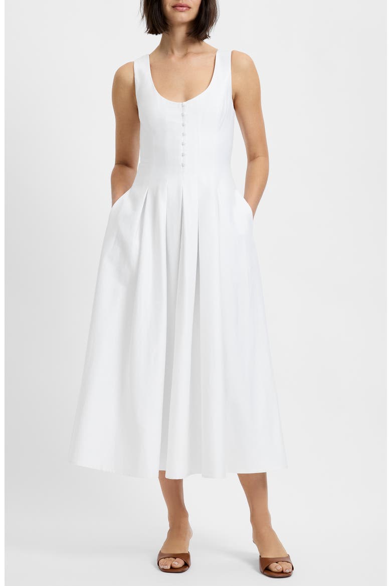 Pleated Sleeveless Sateen Midi Dress, Main, color, SUMMER WHITE