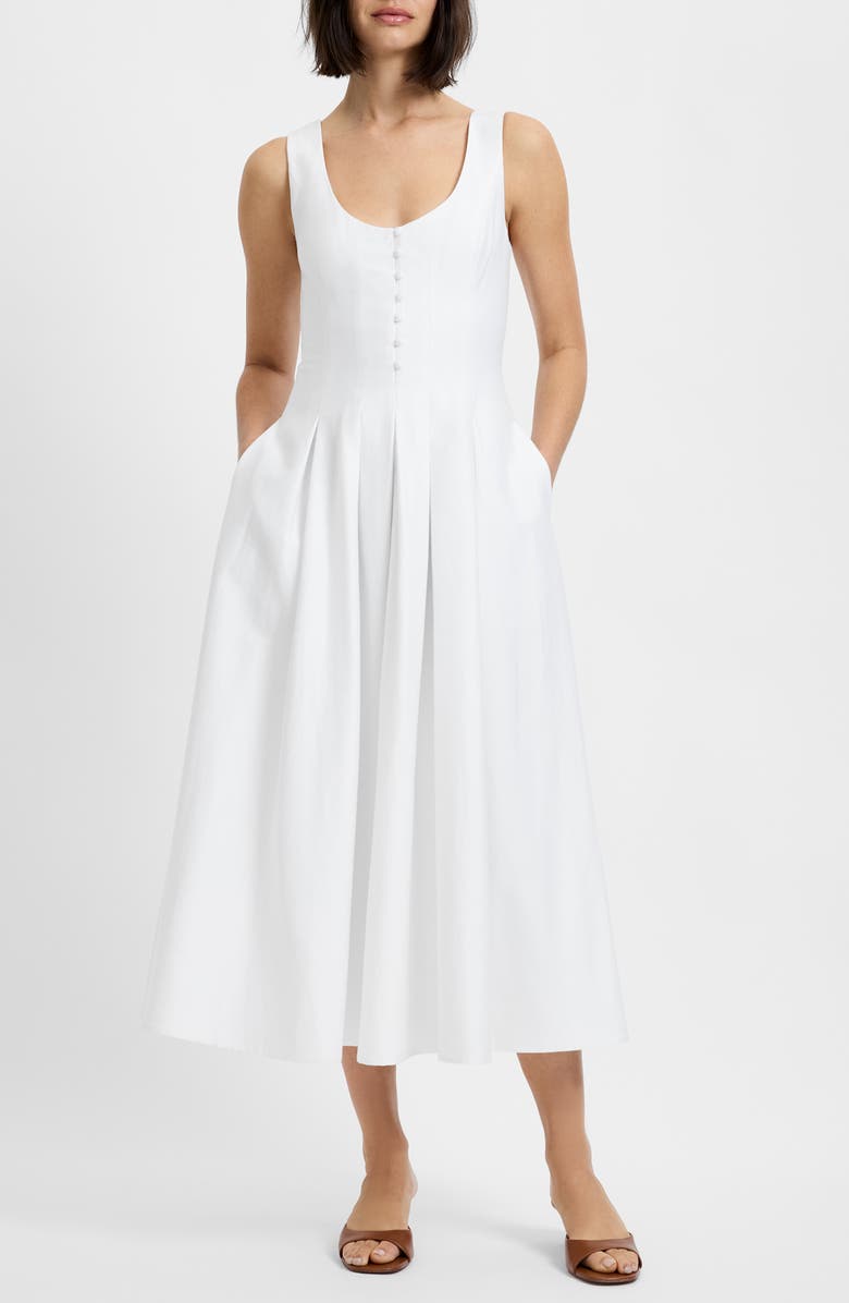 French Connection Pleated Sleeveless Sateen Midi Dress, Main, color, Summer White