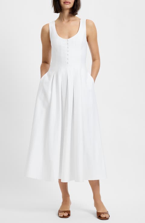 Pleated Sleeveless Sateen Midi Dress