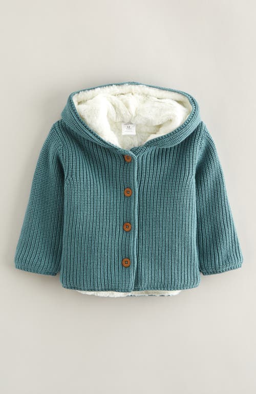 Nordstrom Hooded Cotton Cardigan With Faux Fur Lining In Blue