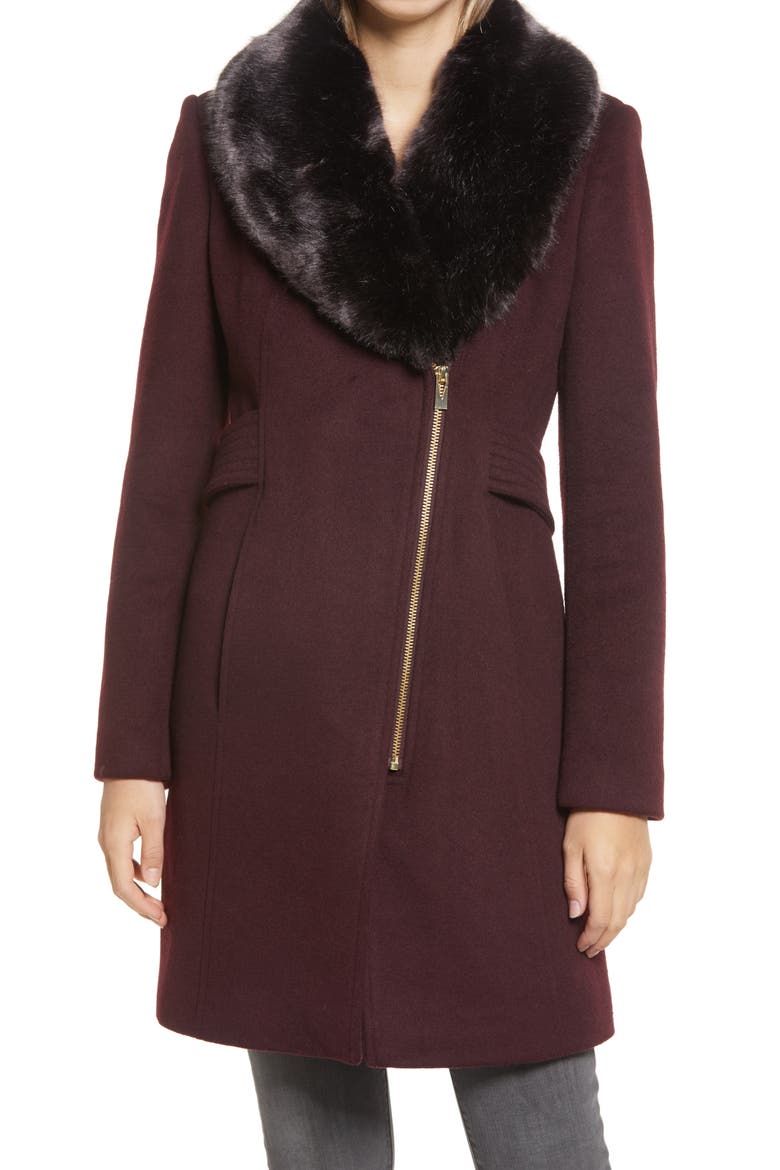 Asymmetrical Wool Coat with Faux Fur Collar, Main, color, BURGUNDY