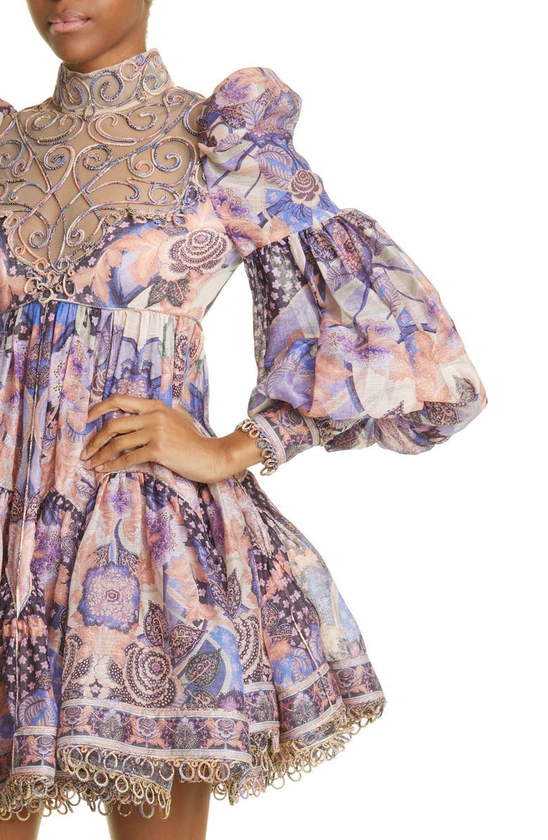 Zimmermann Embroidered Floral Print Linen & Silk Minidress, Alternate, color, 