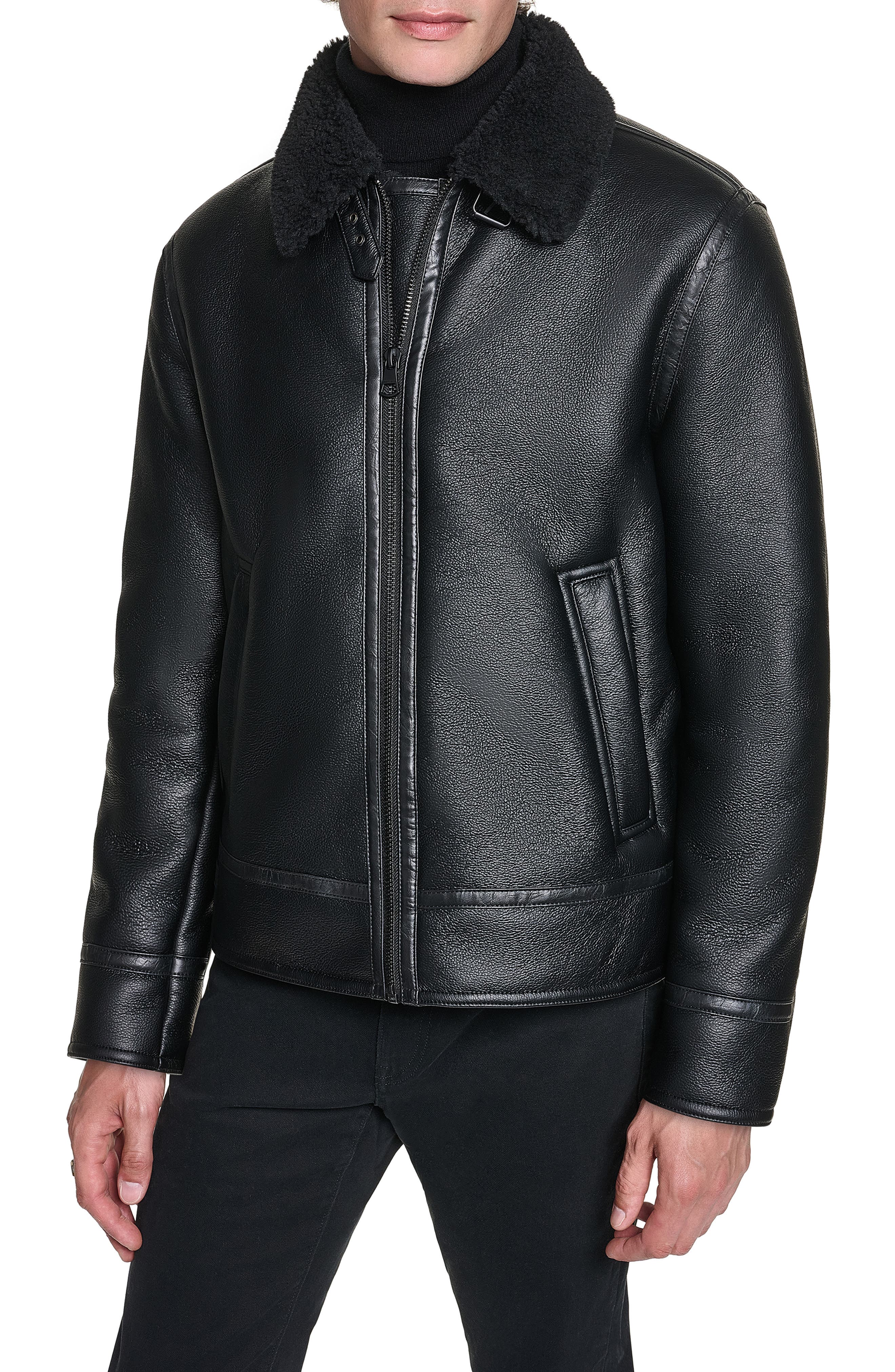 Faux Shearling Collar Faux Leather Aviator Jacket