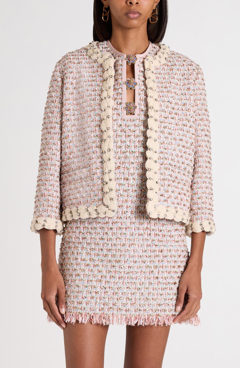 Valentino Garavani Embroidered Ribbon Tweed Jacket, Main, color, Pink Multi