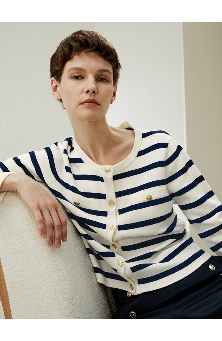 Lilysilk Gariana Striped Wool Cardigan, Alternate, color, Navy Blue