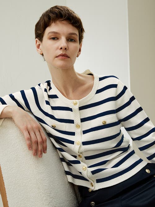 Lilysilk Gariana Striped Wool Cardigan In Navy Blue
