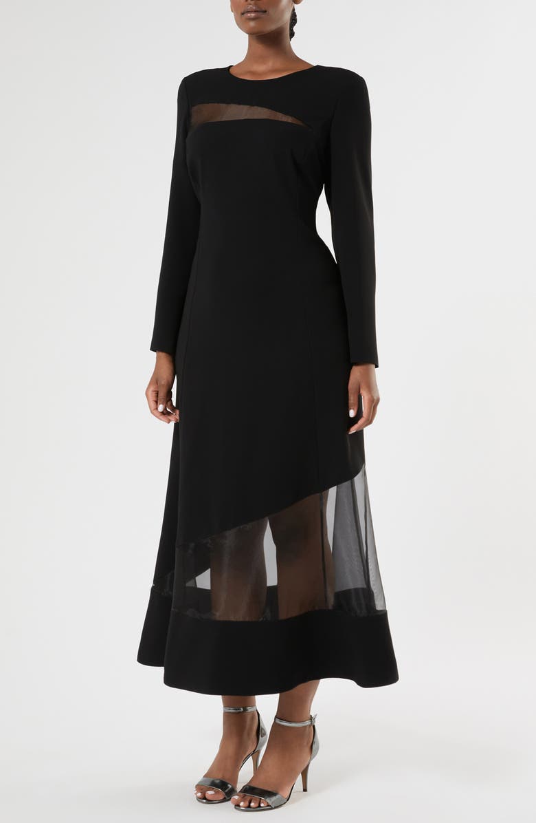 Marina Rinaldi Giunto Mixed Media Long Sleeve Dress, Main, color, Black