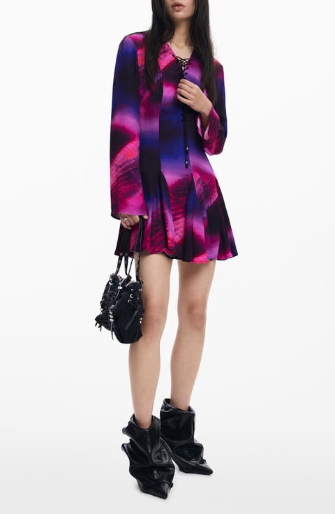 Print Lace Up Long Sleeve Minidress