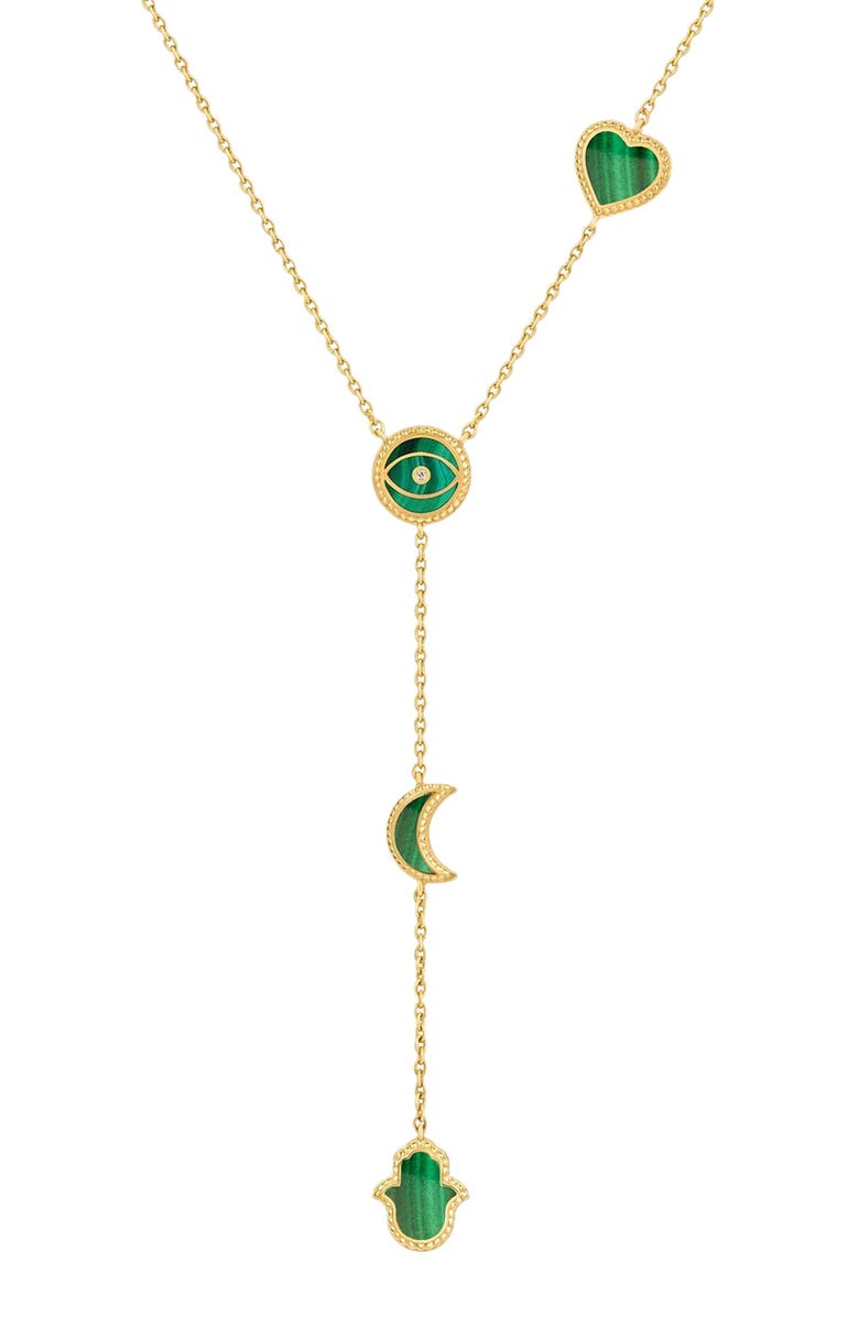 Karma and Luck Malachite Multi Symbol Gold Plated Lariat Necklace Enlightened Soul, Main, color, Gold/Green
