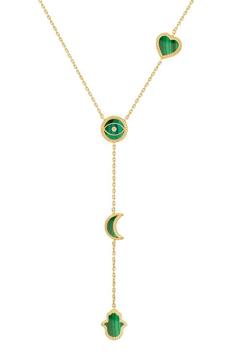 Malachite Multi Symbol Gold Plated Lariat Necklace Enlightened Soul