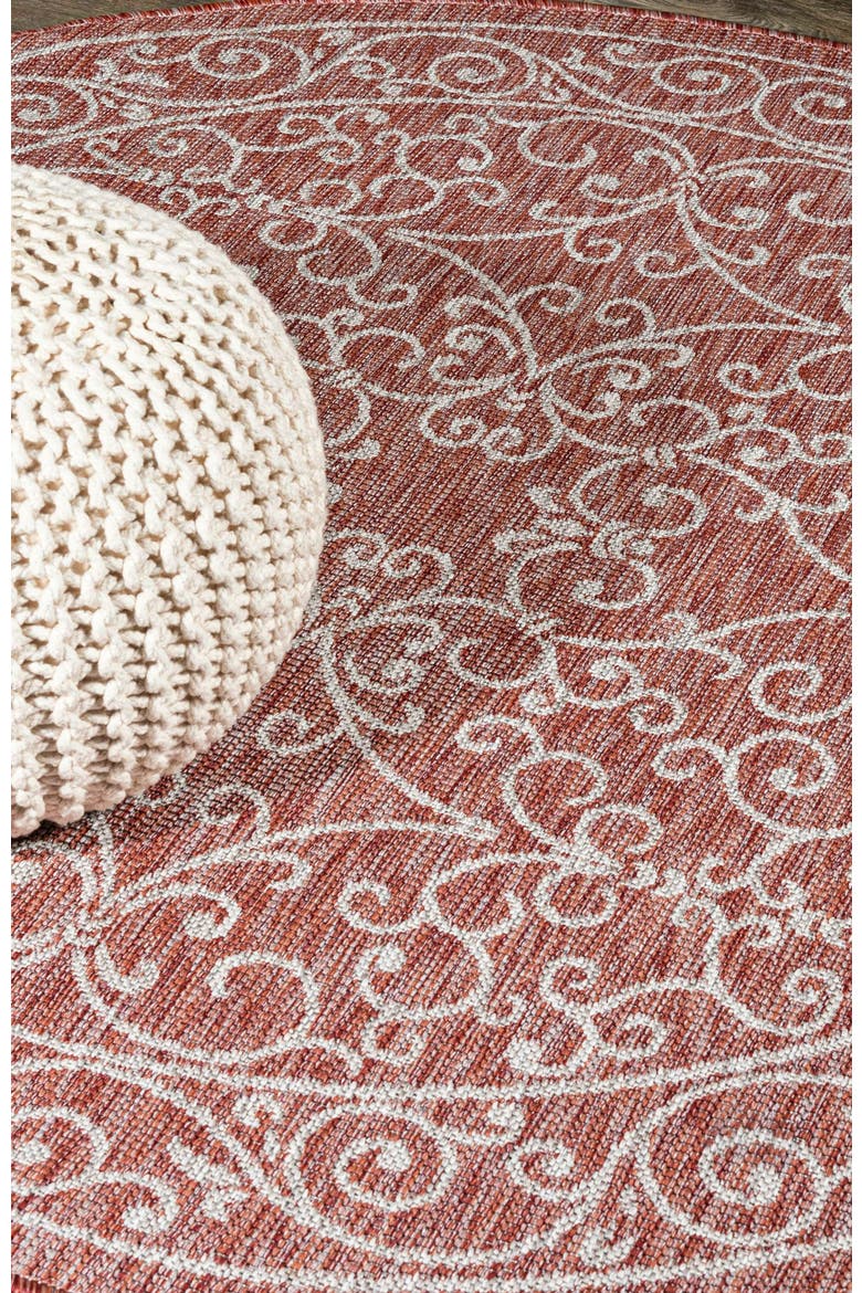 Charleston Vintage Filigree Textured Weave Indoor/Outdoor Round Area Rug, Alternate, color, Red/Beige
