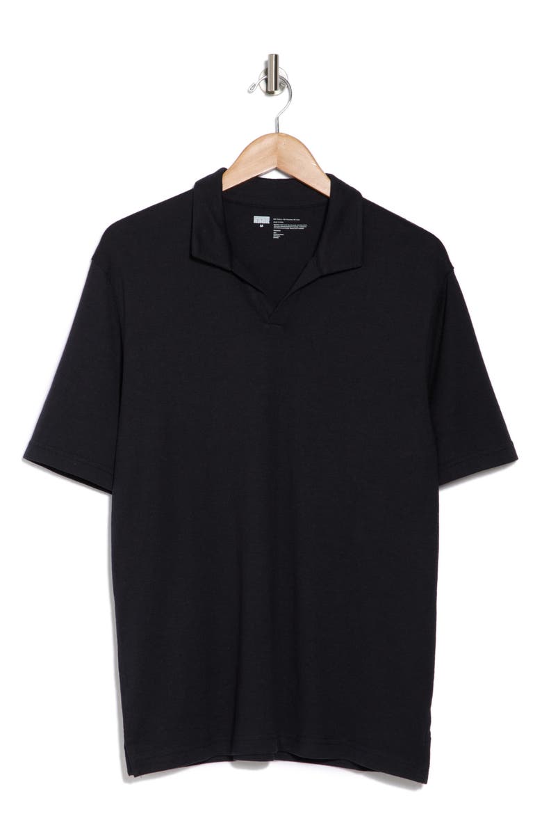 NORDSTROM RACK Short Sleeve Cotton & Linen Blend Johnny Collar Polo, Alternate, color, Black Caviar