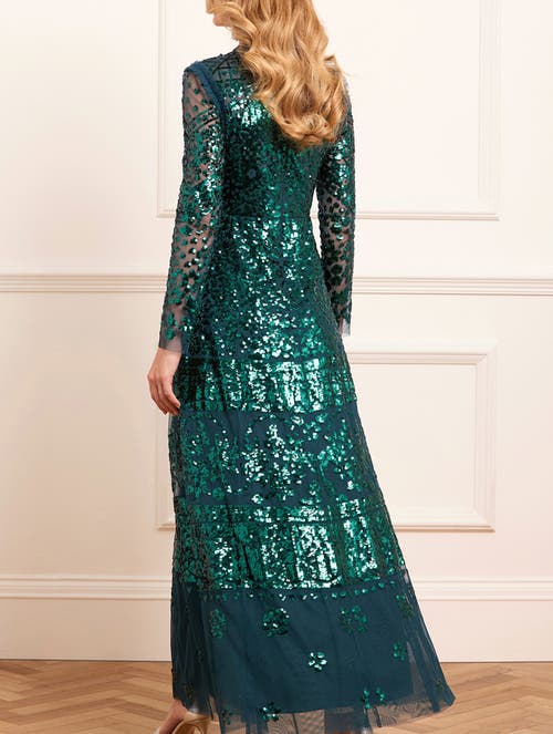 Needle & Thread Aurora Long Sleeve Round Neck Gown In Green