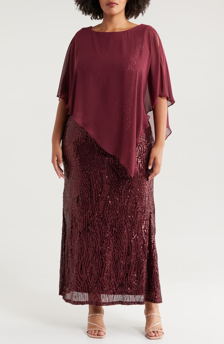 SL FASHIONS Sequin & Chiffon Popover Capelet Gown, Main, color,