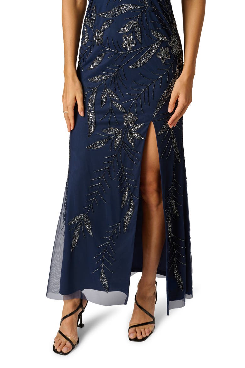 3D Beaded & Sequin One-Shoulder Gown, Alternate, color, LIGHT NAVY