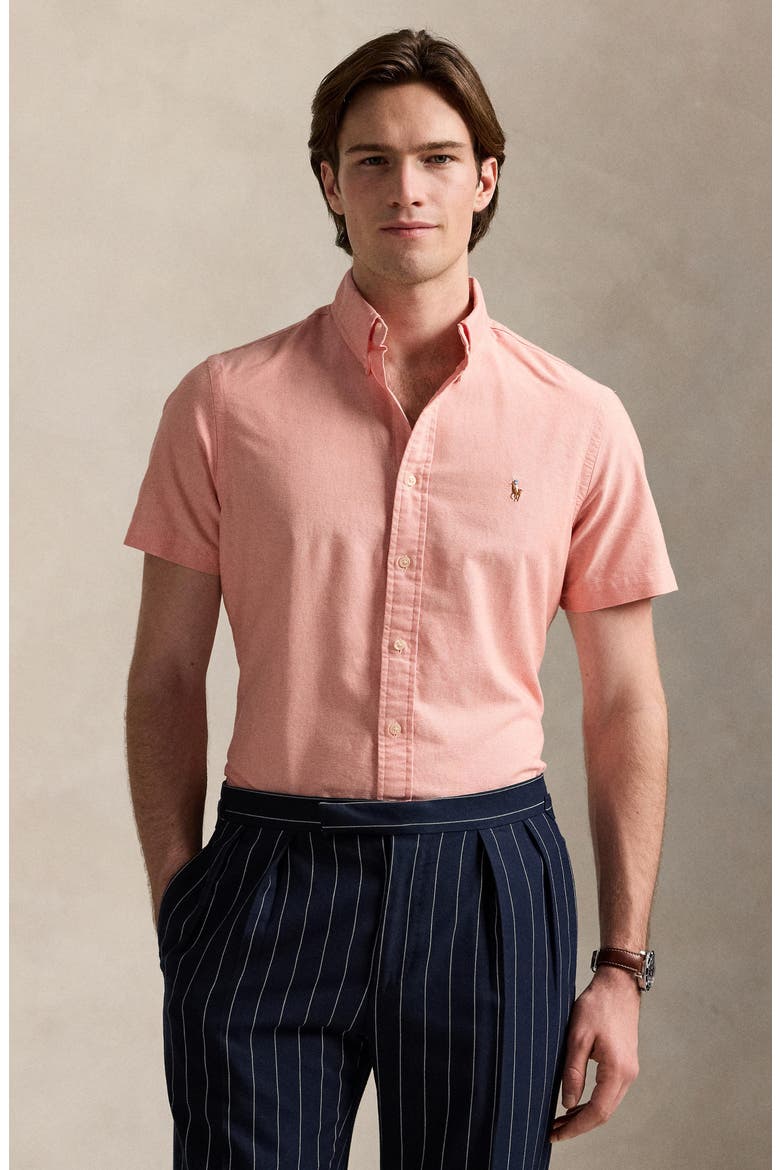 Classic Fit Short Sleeve Button-Down Oxford Shirt, Alternate, color, KONA ORANGE