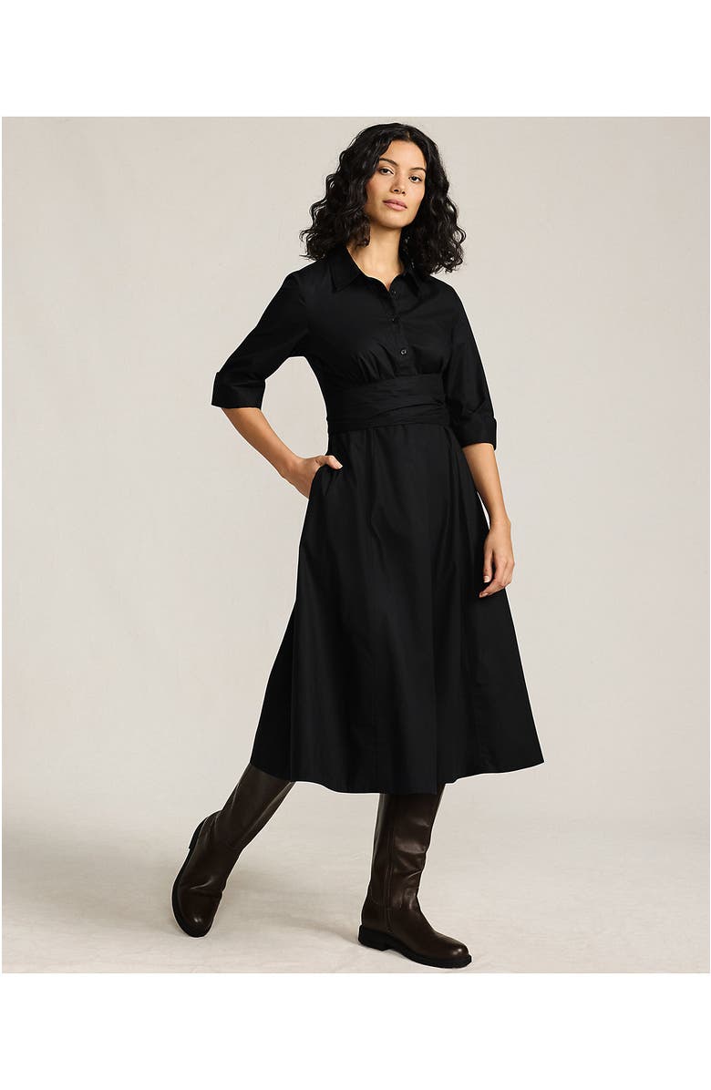 Lands' End Poplin Midi Wrap Front Dress, Alternate, color, Black