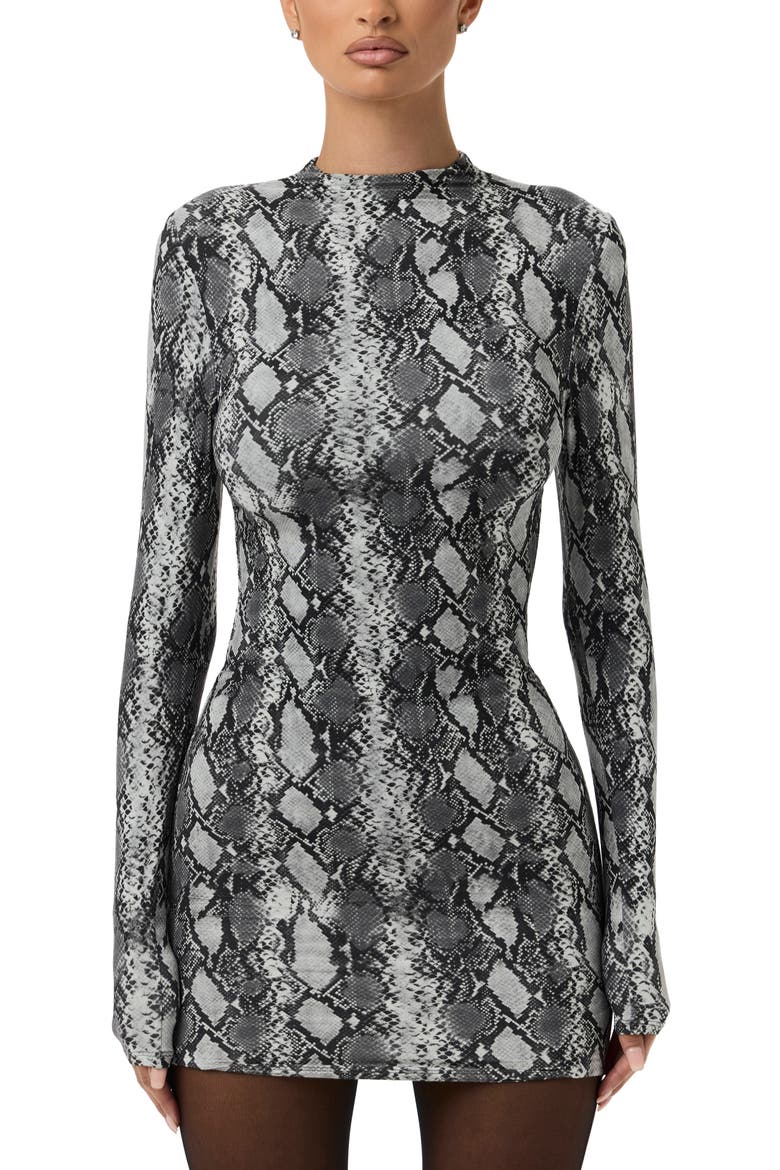 Print Long Sleeve Body-Con Minidress, Main, color, GREY SNAKESKIN