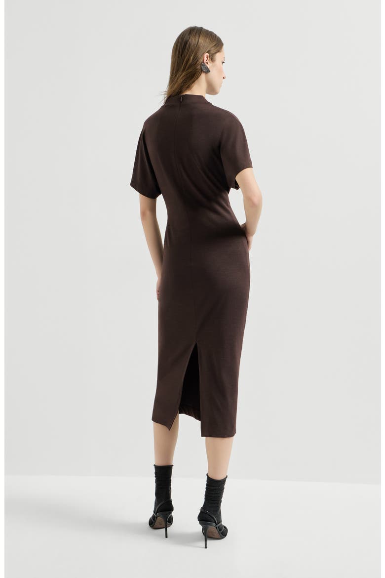 Techno wool jersey wrap belt dress with monili, Alternate, color, Coffee
