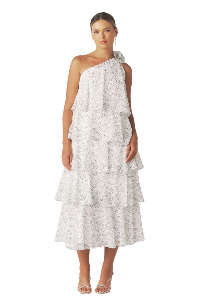 Six Stories Amora Corsage Detail Tiered Midaxi Dress, Main, color, White