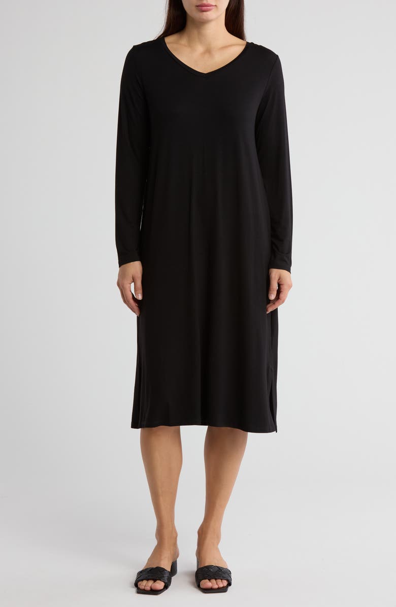 Eileen Fisher V-Neck Long Sleeve Jersey Midi Dress, Main, color, 