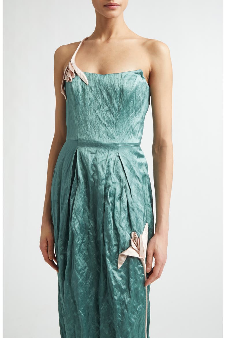 Tulip Appliqué Strapless Crinkled Metallic Satin Evening Gown, Alternate, color, EAU DE NIL