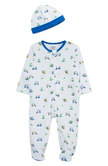 Shop Little Me Golf Links Print Cotton Footie & Hat Set In Blue