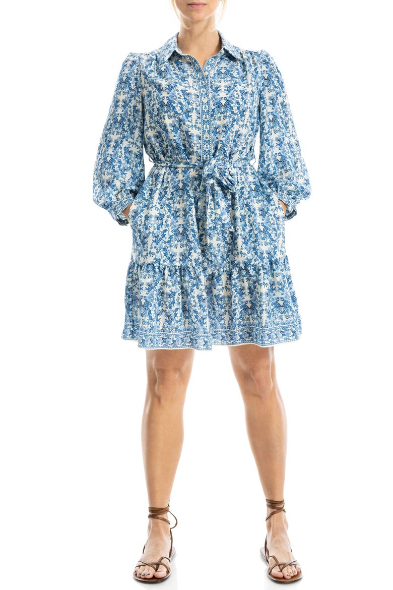 Long Sleeve Button Front Crepe Dress, Main, color, CREAM/ CHAMBRAY