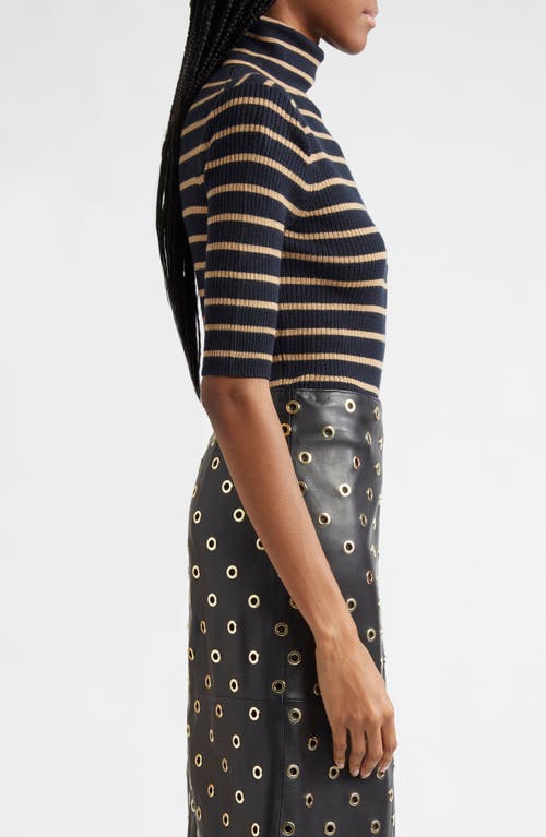 Veronica Beard Katrina Stripe Turtleneck Merino Wool Sweater In Navy Khaki