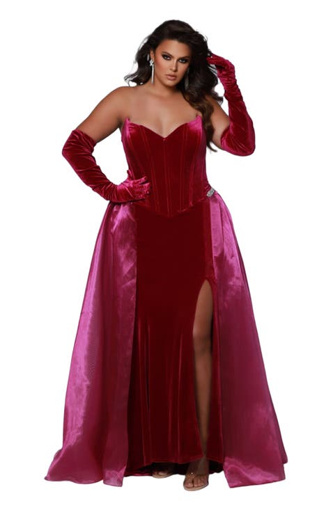 Strapless Velvet Corset Plus Size Evening Gown with Gloves