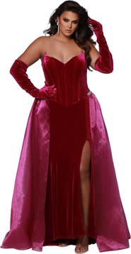 Johnathan Kayne for Sydney's Closet Strapless Velvet Corset Plus Size Evening Gown with Gloves