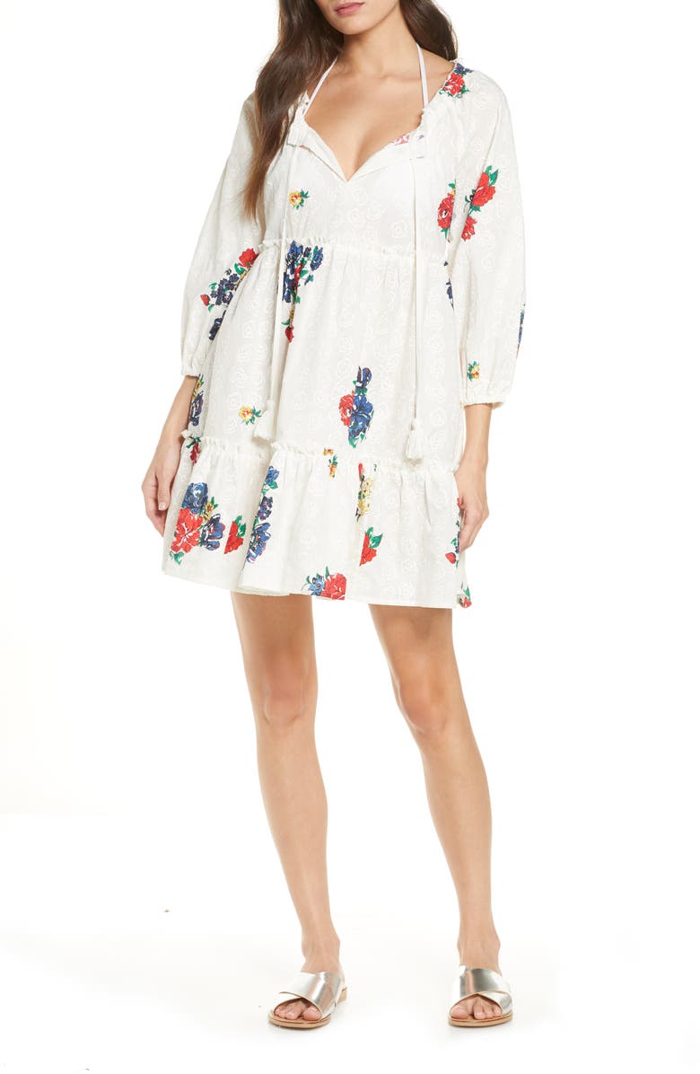 Tory Burch Floral Embroidered Cotton Cover-Up Minidress, Main, color,