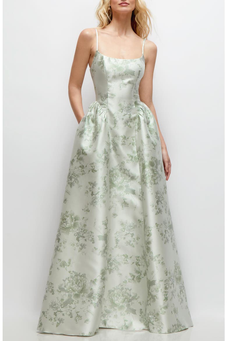 Floral Sleeveless Satin Ballgown, Main, color, SAGE COTTAGE ROSE