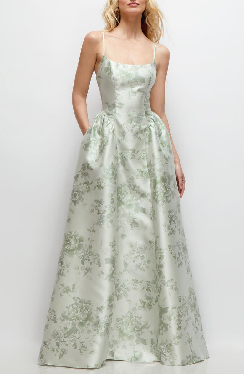 Dessy Collection Floral Sleeveless Satin Ballgown, Main, color, Sage Cottage Rose