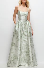 Dessy Collection Floral Sleeveless Satin Ballgown