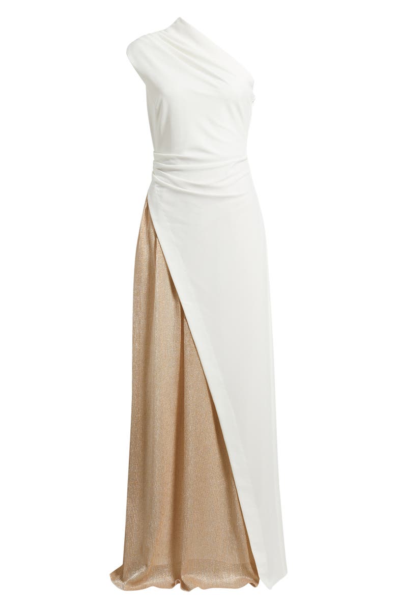 Black Halo Marigold One-Shoulder Mixed Media Gown, Main, color, 