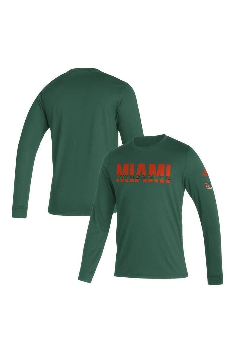 Men's adidas Green Miami Hurricanes Sideline Locker Strikethrough Creator AEROREADY Long Sleeve T-Shirt, Main, color, Green