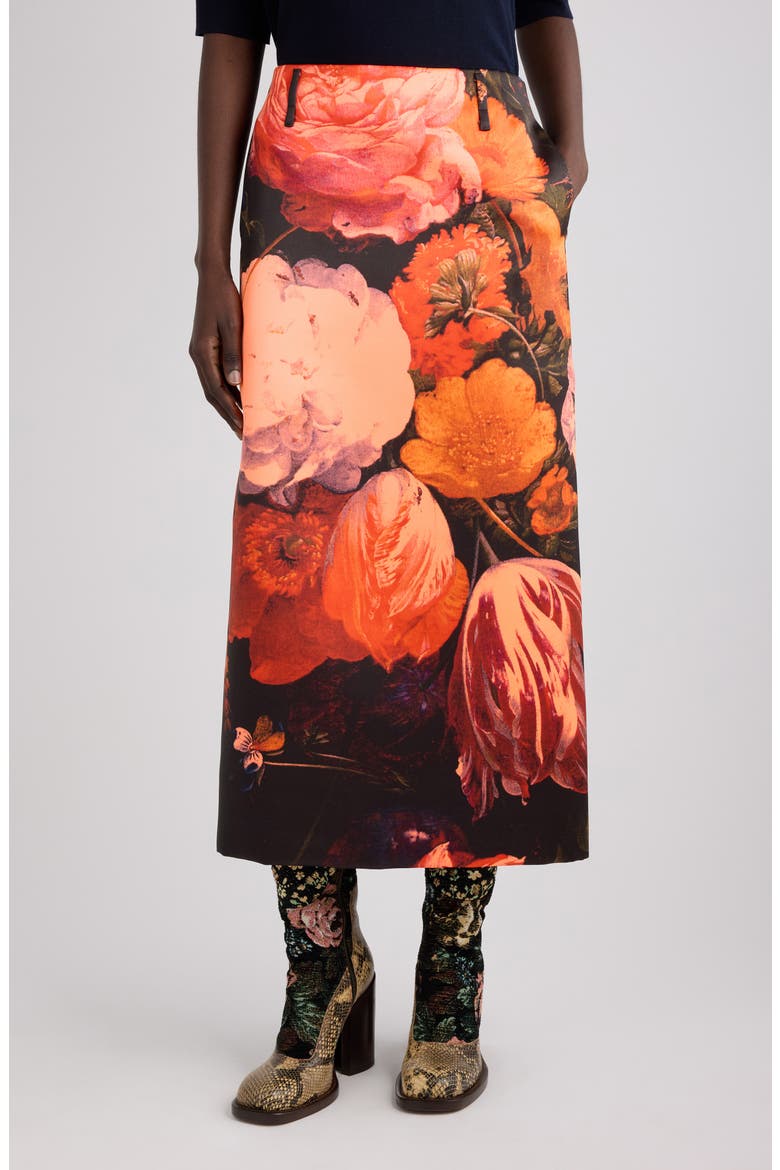 Sentista Flemish Floral Print Midi Skirt, Main, color, NEON ORANGE