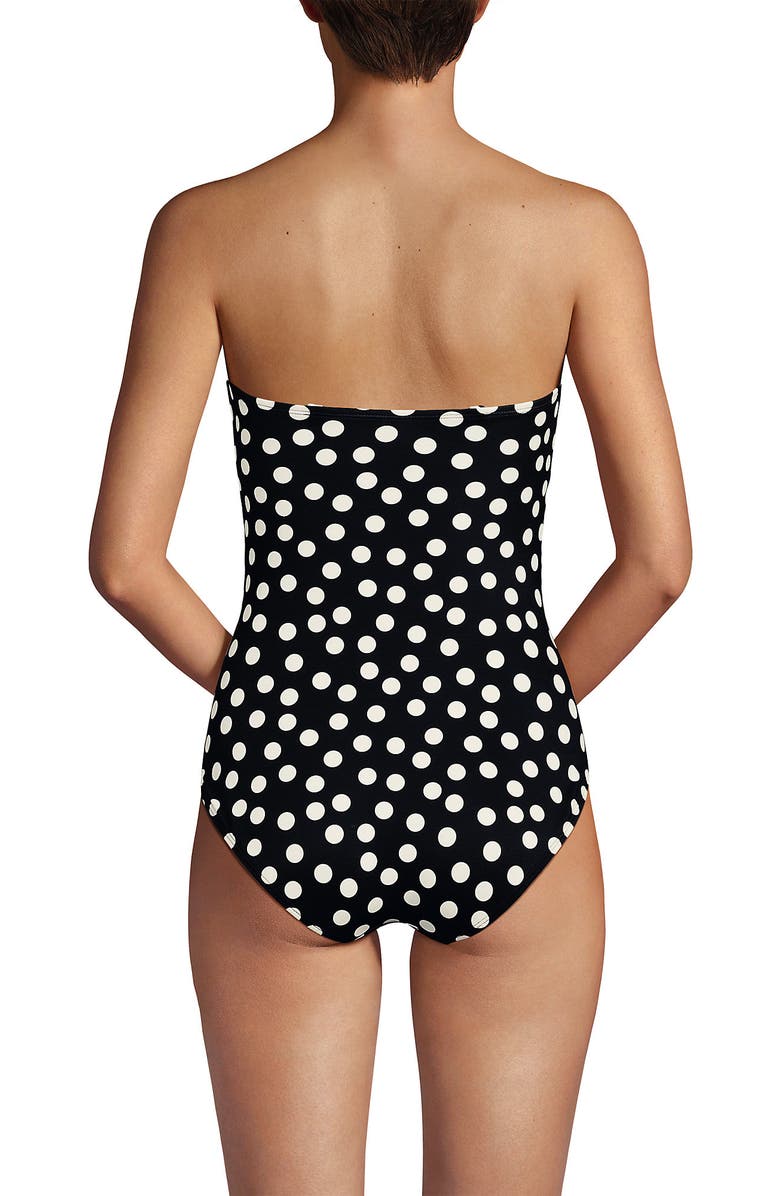Lands' End Slender Suit Shine Bandeau Tummy Control Chlorine Resistant High Leg One Piece Swimsuit, Alternate, color, Black/Egret Mixed Tossed Dots
