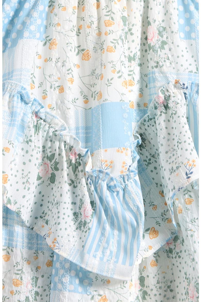 Kids' Flutter Sleeve Patchwork Print Smocked Bodice Party Dress, Alternate, color, BLUE IVORY