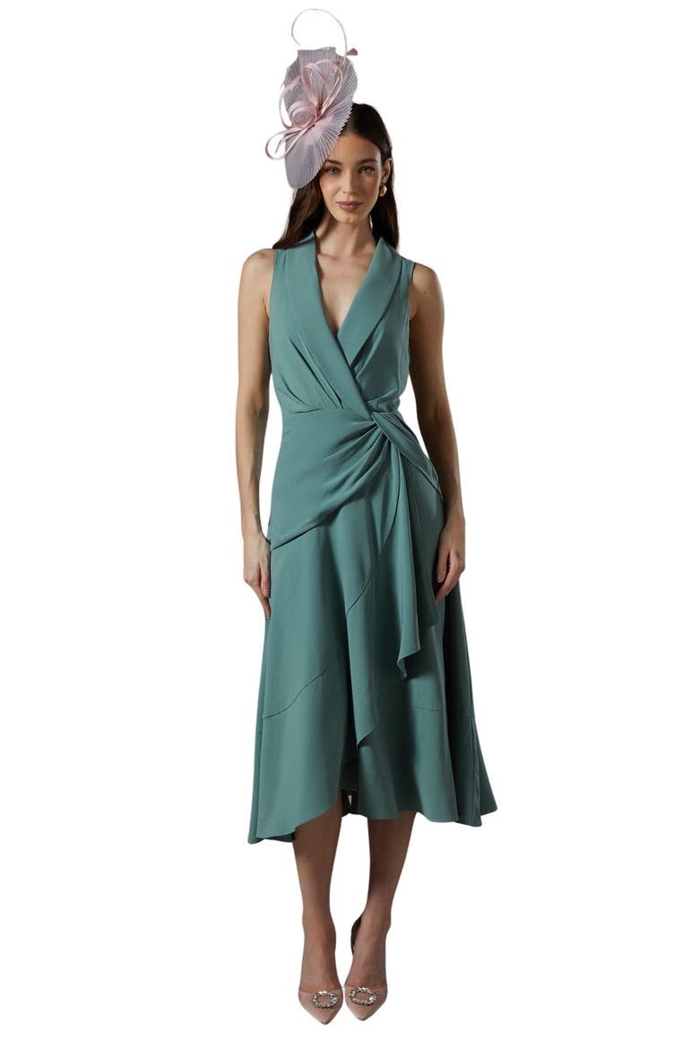 Shawl Collar Ruffle Hem Midi Dress, Main, color, Sage