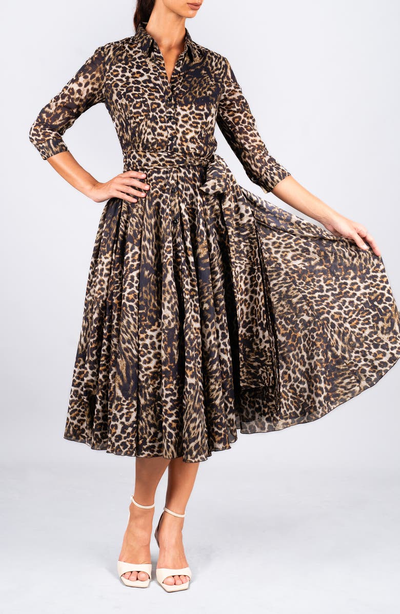 SAMANTHA SUNG Pleated Midi Audrey Shirtdress, Alternate, color, Animal Print Beige