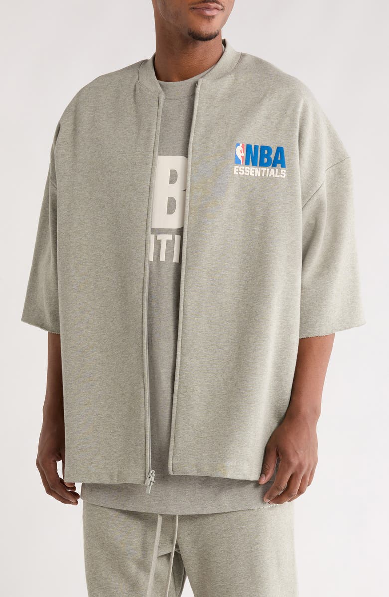 Fear of God Essentials x NBA Zip Up Short Sleeve Jacket, Main, color, Concrete Heather